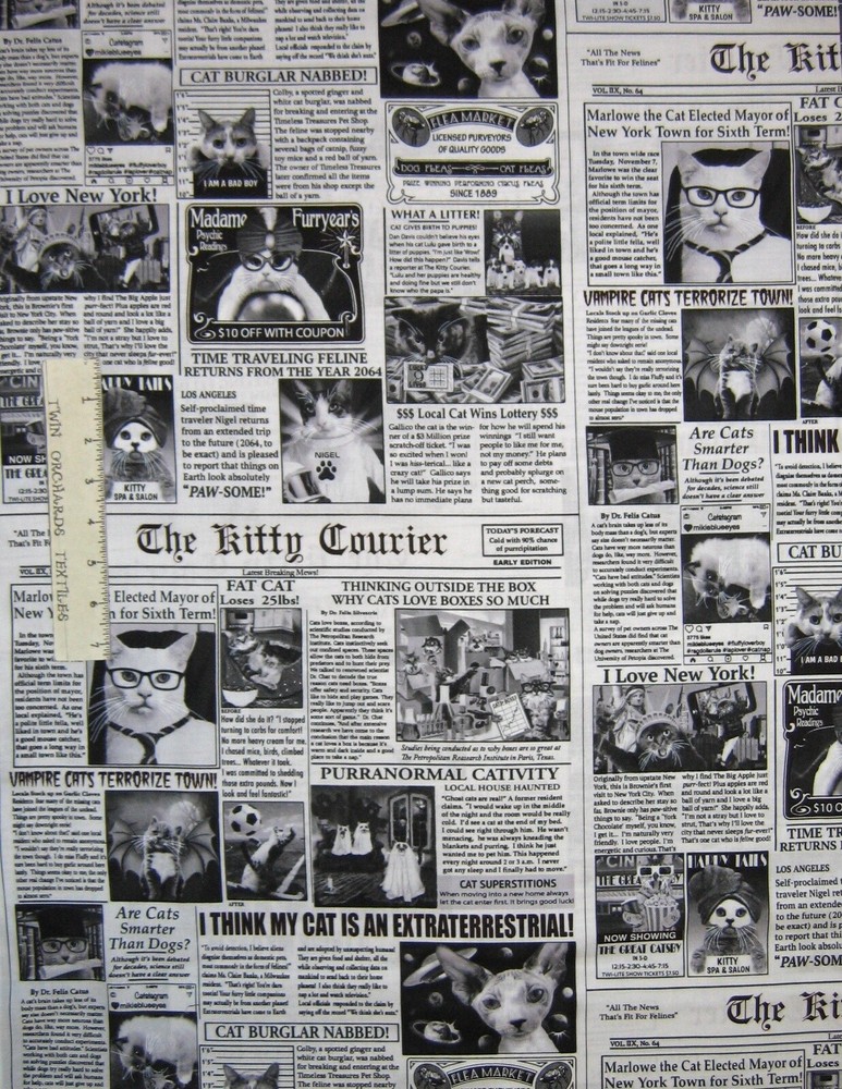 Pet Fabric – Black & White Cat Newspaper Funny Puns – Timeless Treasures YARD