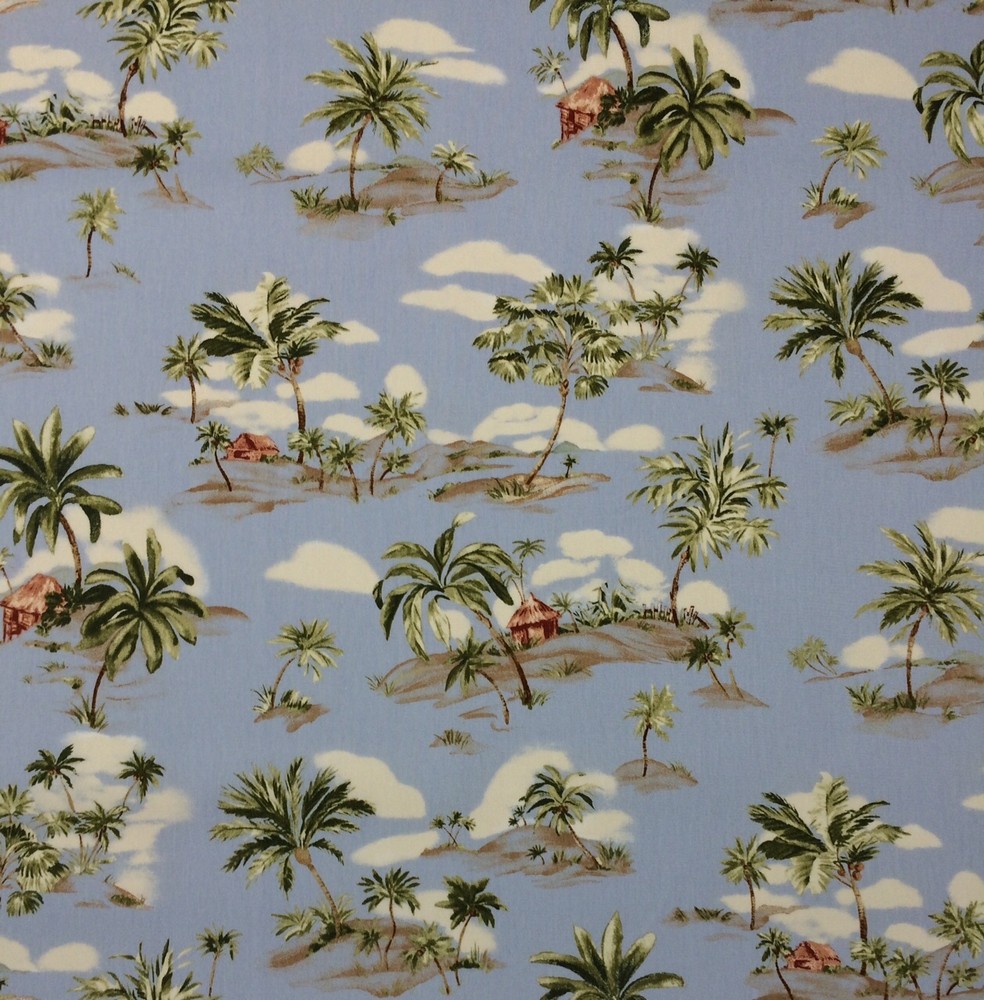 AMETEX TROPICAL ISLAND SKY BLUE #D4006 PALM TREE TIKI HUT FABRIC BY YARD 54″W