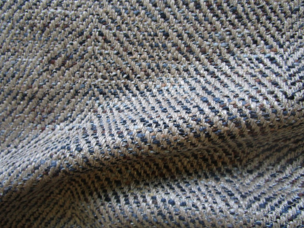 Brunschwig Fils Herringbone SARADA Texture Tan Brown Blue Upholstery Fabric 18+Y
