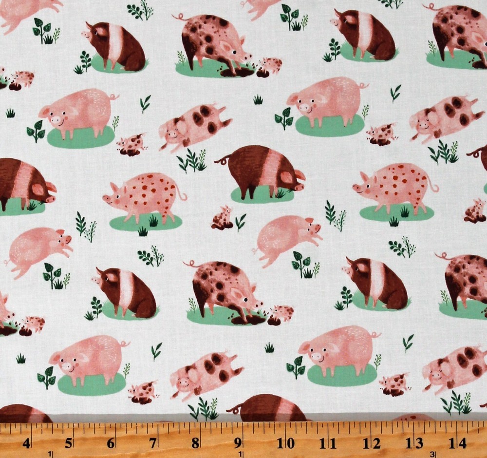 Cotton Pigs Piglets Playing in the Mud Farm Animals Fabric Print by Yard D367.54
