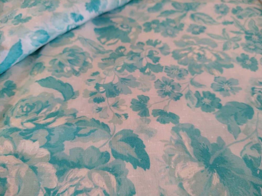 Aqua Blue Floral & Roses on White Semi-Sheer BTHY Fabric 18″ x 45″ New