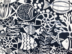 Coastal Navy Outdoor Fabric Fish Shell Starfish Ocean Beach Patio 1.75Yard Lot
