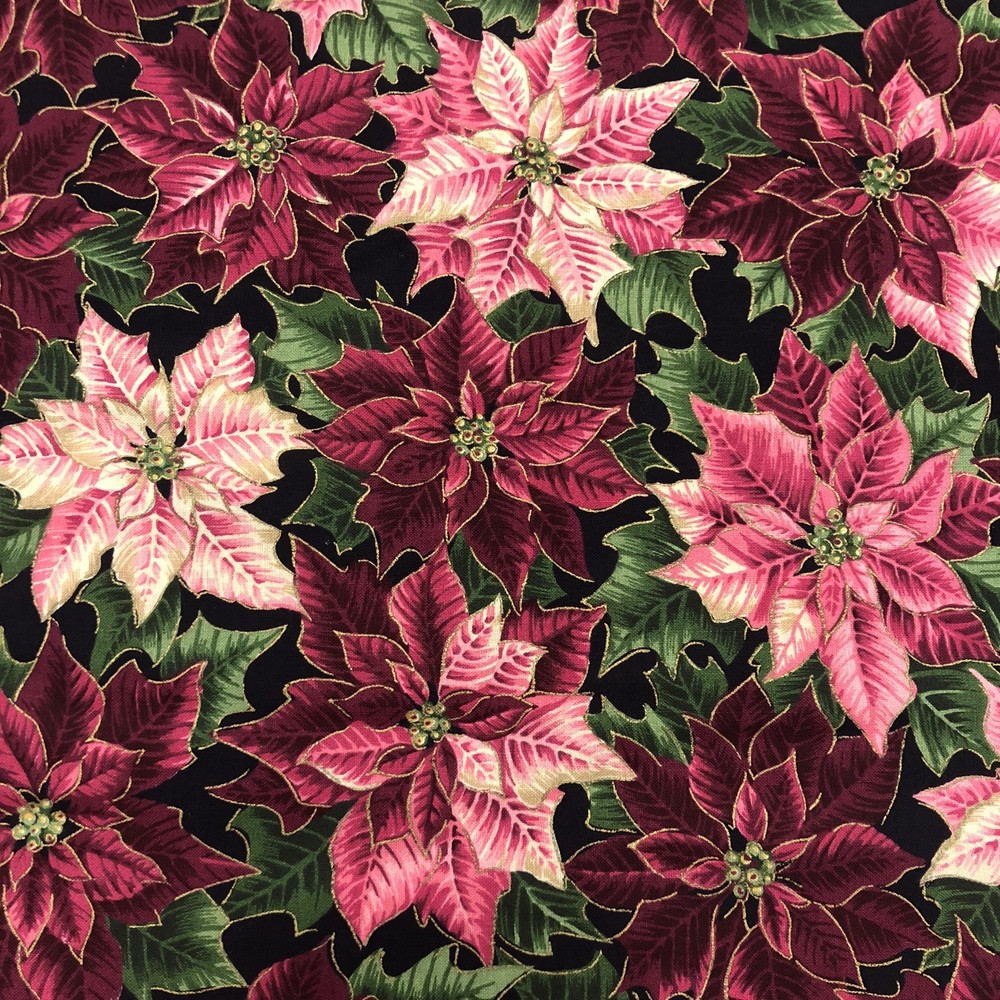 Pink Burgundy Poinsettia Flowers Gold Christmas Fabric Joan Messmore Cotton 2Yds