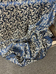 Midnight Blue / Gold Damask Jacquard Brocade Fabric (116in.) Sold By The Yard