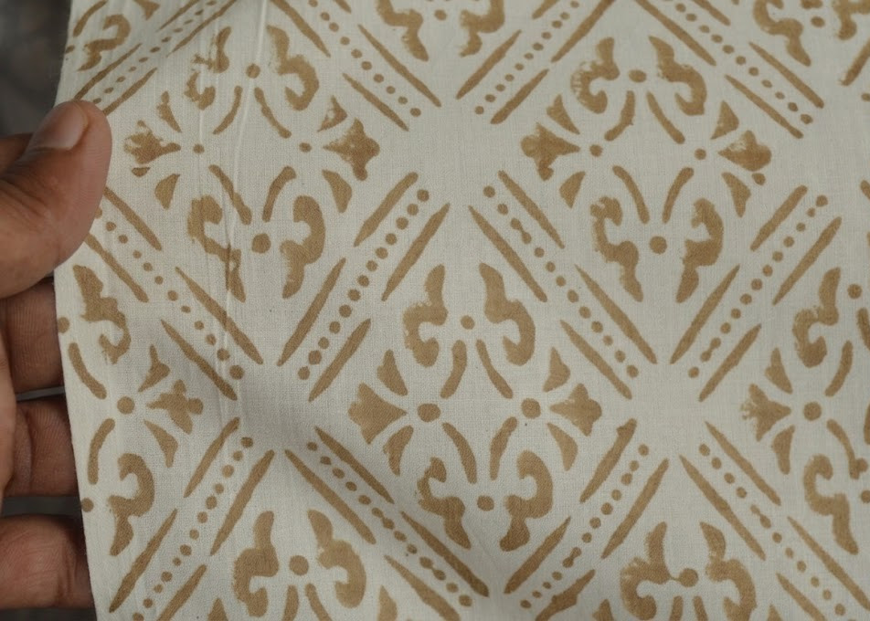 White & Beige Hand Block 5 Yard 100%Cotton Fabric NO TARRIF CHARGES 100%✅KK17