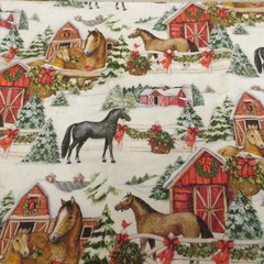 Susan Winget Cotton Fabric Christmas Horses Barns in Snow Scenic 22″ x 42″