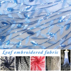 100*125cm Champagne Shining Sequin Tree Leaf Embroidered Fabric Dress Material.