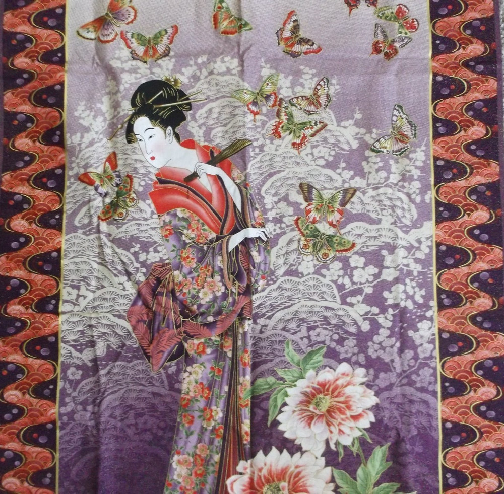 TEA HOUSE Japanese print fabric panel 23 x 43 geisha butterfly floral