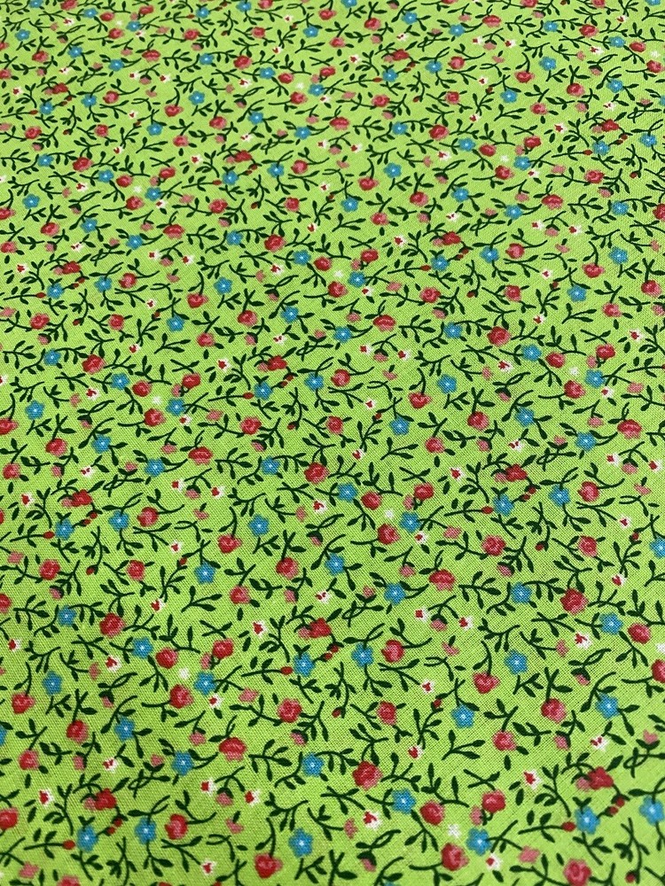 Country Calico Lime with Turquoise, white & Pink flowers cotton Fabric per yard