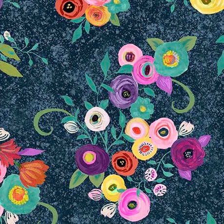 QT FABRICS – Blooming Bouquet – Watercolor Floral Toss – Navy 1/4yd