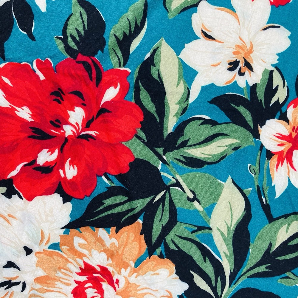 Cranston Cotton Fabric Remnant 1.5 Yards x 58″ Wide Red Orange Floral On Teal