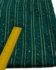 Bottle Green Embroidered Soft Cotton Fabric-Sale by Half a Yard-Stripes, sequins