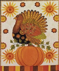 Vtg~Autumn~”Give Thanks”~”Whimsical Turkey, Pumpkin”~Cotton Fabric~ 6.5″x8″