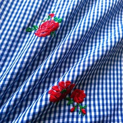 Gingham with Embroidered Roses Polycotton Fabric 56″ By The Yard