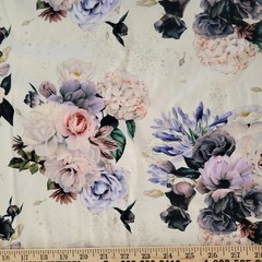 Pastel Clusters of Roses, Flowers, on Ivory Cotton Jersey Knit – OEKO-TEX