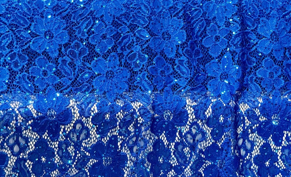 LACE EMBROIDERED FLORAL FABRIC WITH BEAD SPARKLE ROYAL BLUE 60″ WIDE BY THE YARD