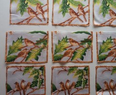 Fabric Pic B – Cotton 16 Squares – Birds Inside Wood Frames – Different Sizes