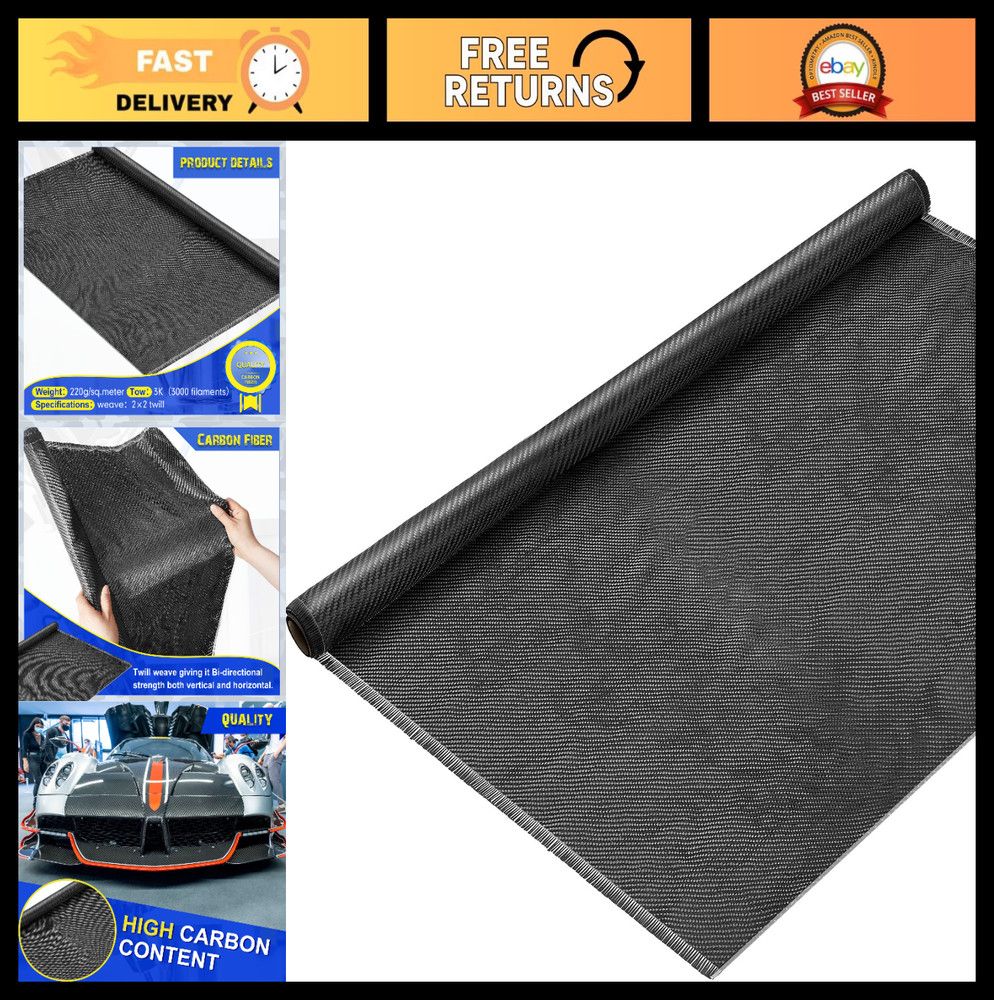 4.17ft Carbon Fiber Fabric Sheet 2×2 Twill Weave 3K 220g for Auto & Boat Repair