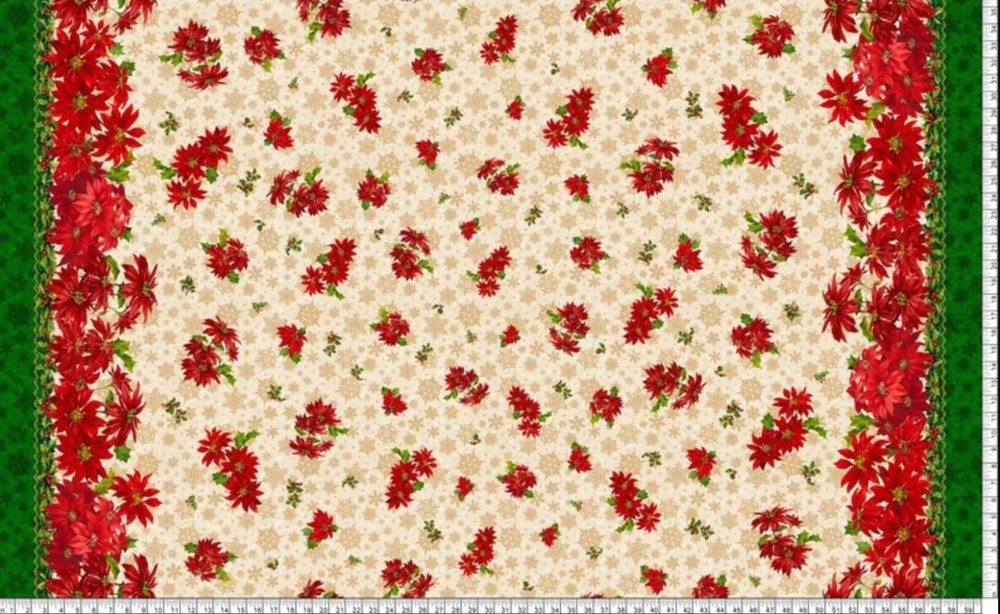 Christmas 60 ” Wide Poinsettia Double Border on Cream 100% Cotton Fabric Price p