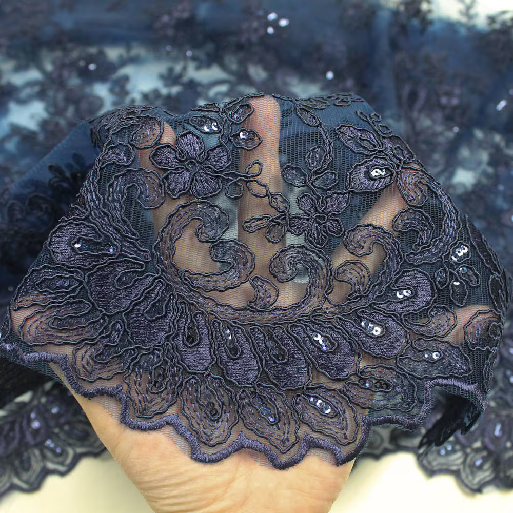 Melody NAVY BLUE Polyester Floral Embroidery with Sequins on Mesh Lace Fabric b