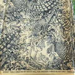 Covey Toile Cream Dark Navy Blue Fowl Peasant Floral Feathers Kathy Hall 2 Y
