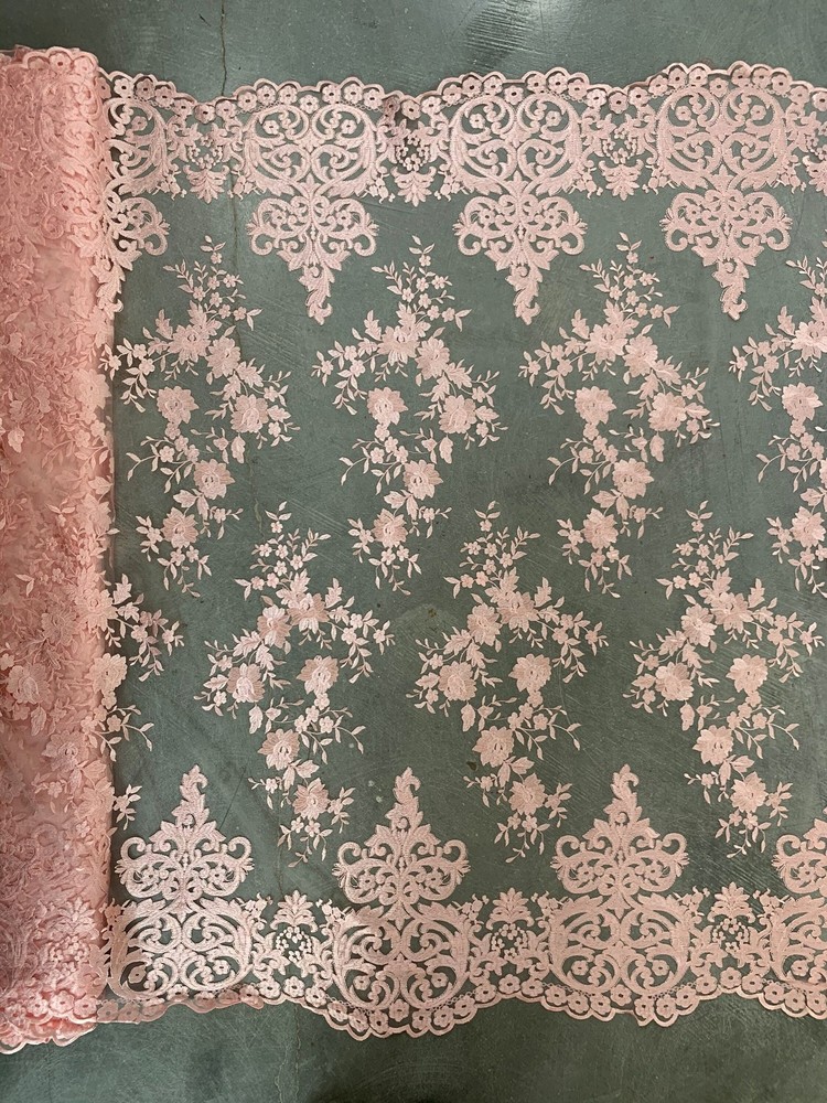 Teagan BLUSH PINK Damask Design Embroidered on Mesh Lace Fabric by the Yard – 1