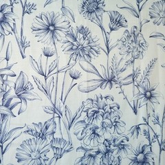 Belle Maison Fabric Floral Botanical Print 39×44 Linen Blend Spain Blue Flowers