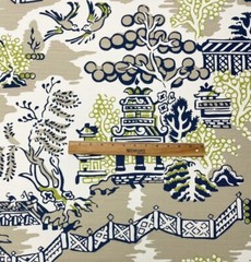THIBAUT LUZON NAVY BLUE ON BEIGE ASIAN TOILE MULTIUSE LINEN FABRIC BY YARD 54″W