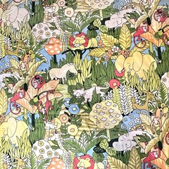 House N Home MCM 1950s Colorful Jungle Animal Print Fabric Curtain 88” X 56”