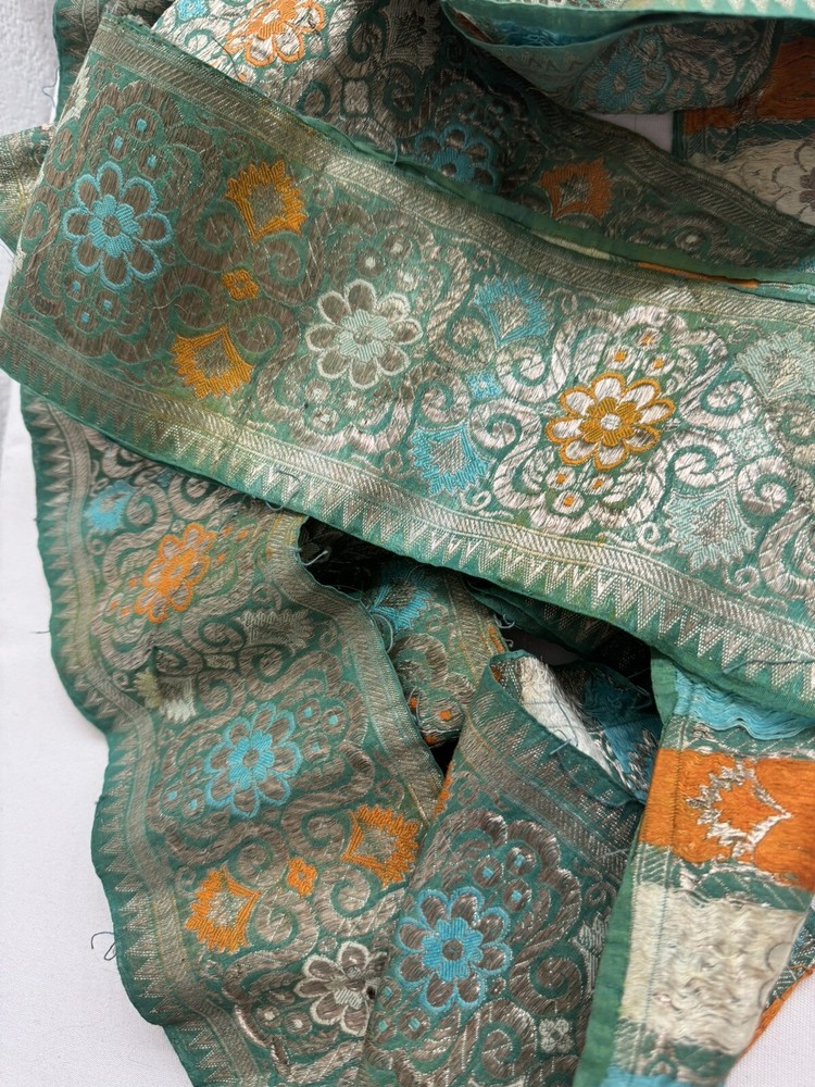 Antique Vintage Jade Green Heavy Silk Brocade Ribbon Silver Metal Thread 5”x 1YD