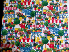 1yd Vintage 1994 Floral Carts Tree Water Can Garden Flowerpot Stand Fabric