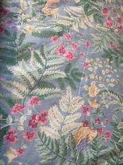 Vtg 7Yards Fabric Birds, Ferns, Flowers Pale Blue Pink Yellow Green 42” Cotton