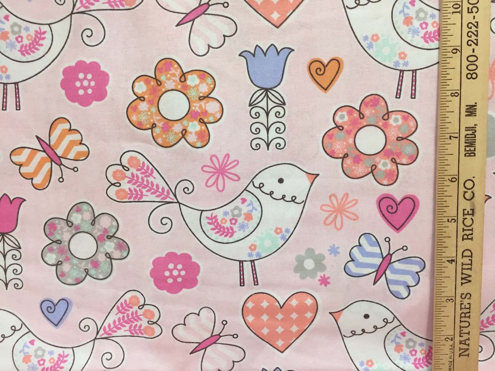Cartoon Bird Heart Tulips Fabric Pink Cotton Screen Print 200″ Long Butterfly