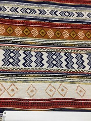 Rayon Stretch Jersey Knit Fabric horizontal Ethnic print Rust/Navy/Cream 9 oz