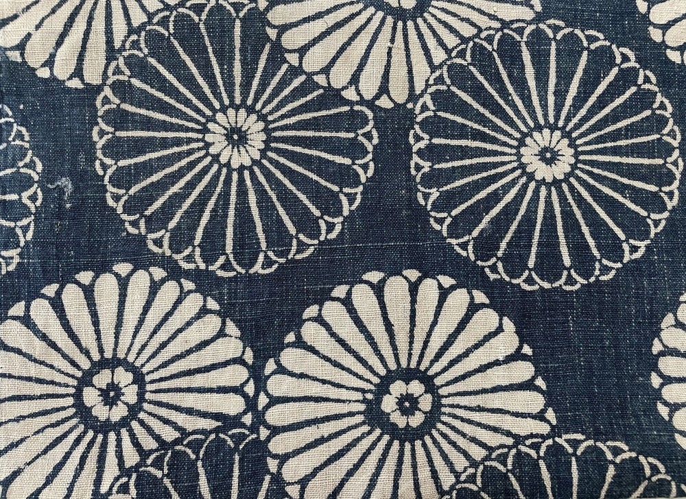 Vintage Japanese Handwoven Katazome Boro Indigo Fabric Chrysanthemum Faded 62″