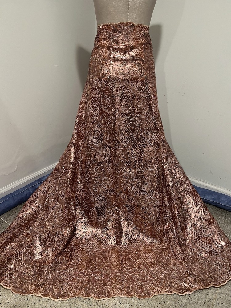 Coco Brown Orange Sequins Embroidered Lace fabric 50” Width 1 Yard