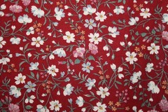 WHITE AND PINK FLOWERS ON MAROON BY JOAN KESSLER – 100% COTTON FABRIC