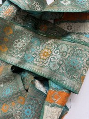 Antique Vintage Jade Green Heavy Silk Brocade Ribbon Silver Metal Thread 5”x 1YD