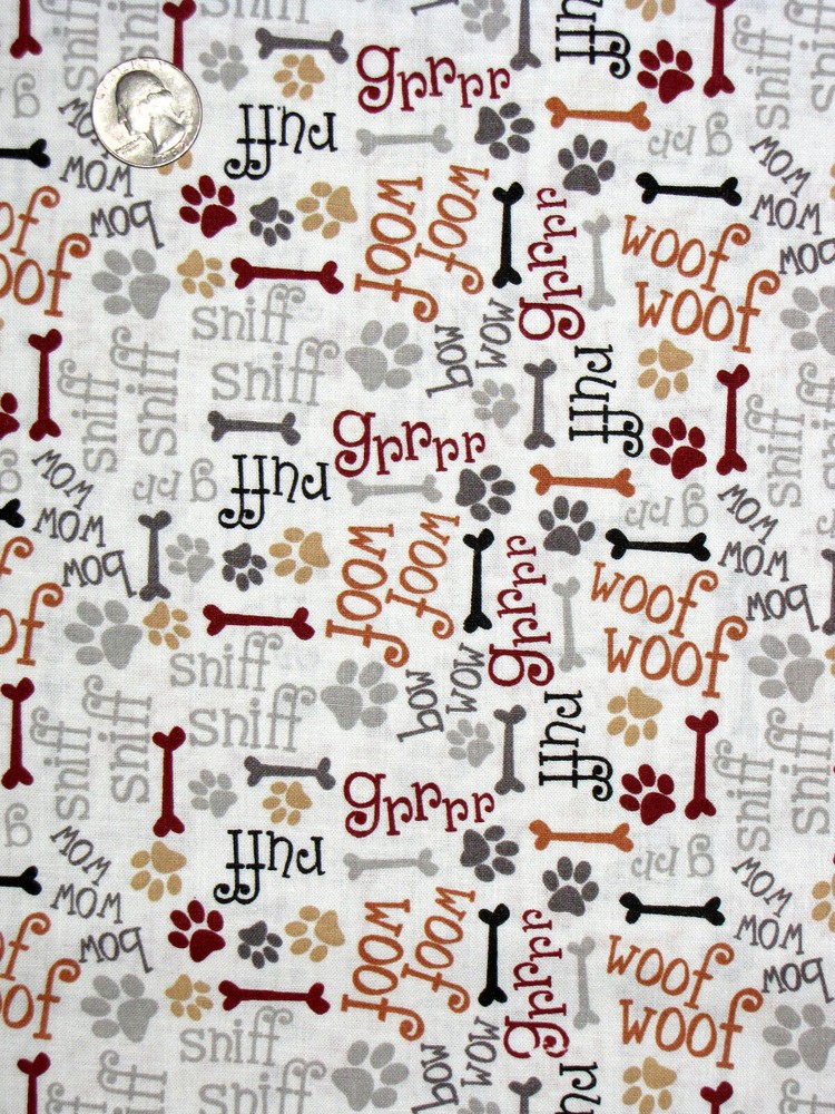 Puppy Dog Words Woof Bow Wow Paw Prints Animal Cotton Fabric By The Yard