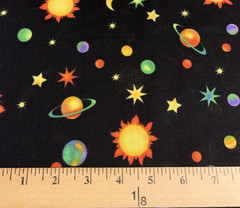 “Cosmos” Solar System Galaxy Fabric By R.E.D & Fabricland Vtg Black Yellow BTY