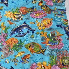 Fabric Blue Aqua Fish Dolphin Tropical Rainbow Fish Cranston Collection READ