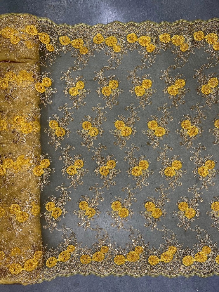 Ryleigh BRIGHT YELLOW 3D Floral Embroidery with Foil & Sequins on Mesh Lace Fab