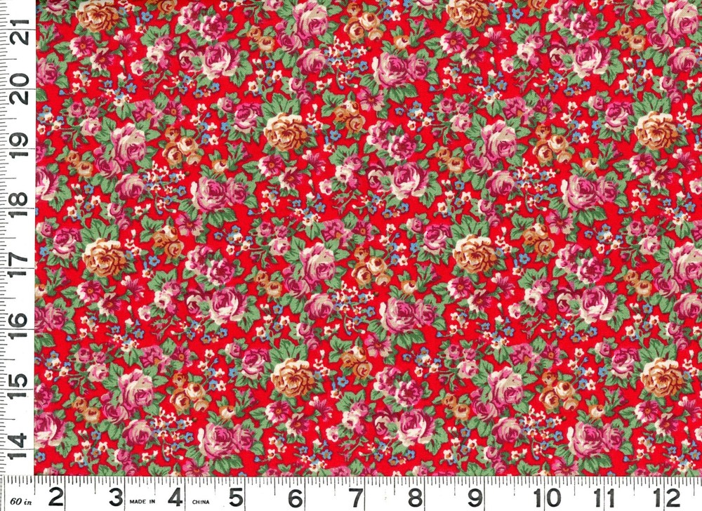 Dark Gold & Red Roses w/ Flowers on Red Quilting & Sewing Fabric by Yard #91136