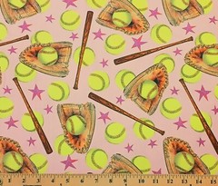 Cotton Super Sports Pink Softball Glove Cotton Fabric Print by the Yard D662.73