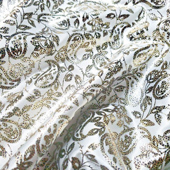 Gilded White Gold Paisley Satin Fabric 56″ By the Yard Shiny Metallic Overlay