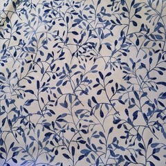 White Fabric Blue Leaf Flowers Plants Cotton Blend 2-2/3 yds x 52” Quilting