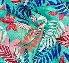 African Print, Chiffon Fabric- Turquoise, Blue, Red, Pink “Hopebloom”, ~ 2 Yards
