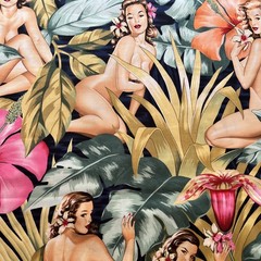 Alexander Henry Fabric Yd Mirage Sexy Pinup Island Girls Hibiscus Palm Leaves