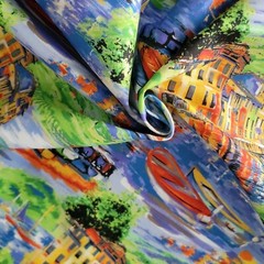 Portofino Scenic Print Cotton – Buildings, Water, Boats for Quilts, Shirts, etc