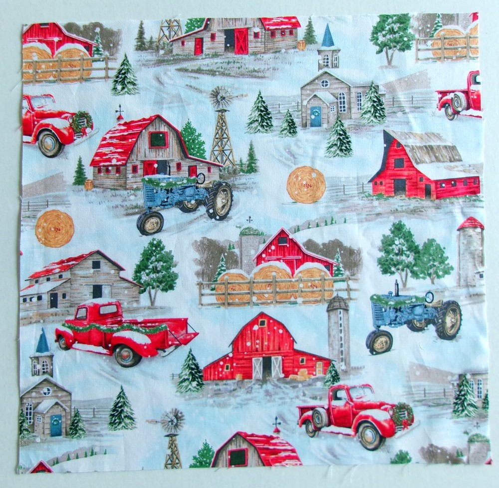 Cotton Fabric-Winter Colors Old Trucks and Barns 1 Piece 12″ L x 12 1/4″ W